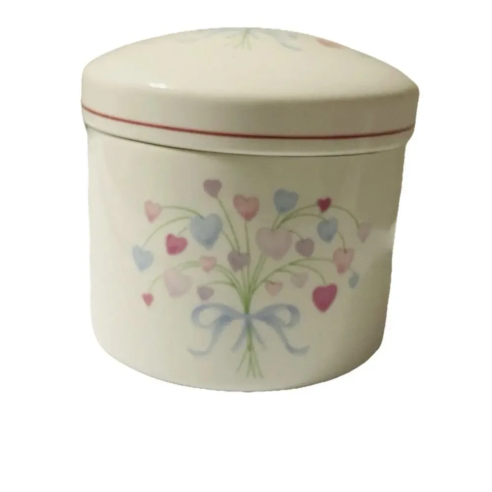 Vintage FTDA Vanity Jar Bouquet Of Hearts Porcelain Trinket Canister With Lid